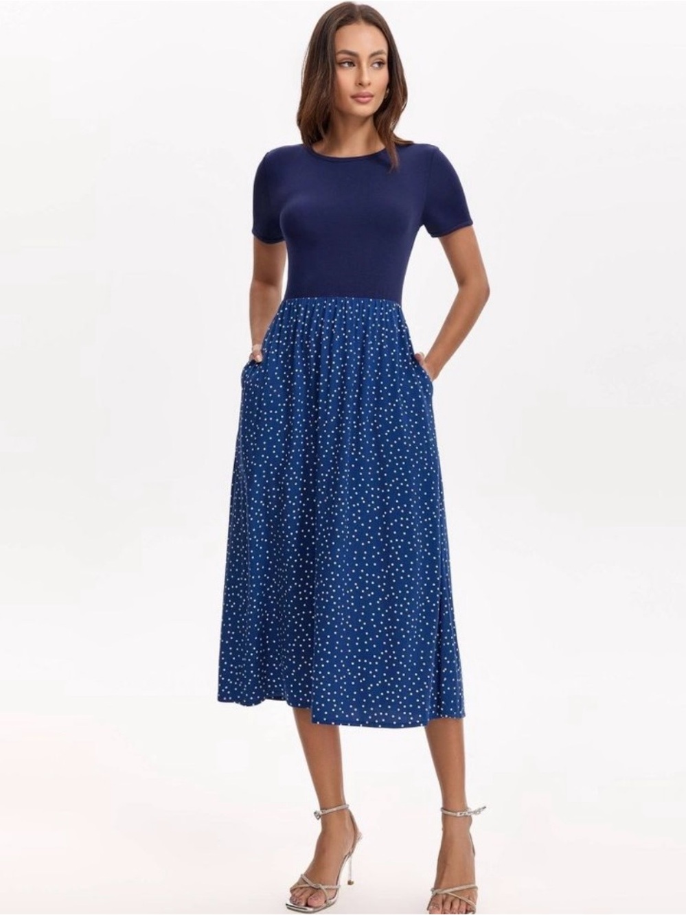 Women’s Short Sleeve Contrast Midi Dress A New Day Navy Blue Polka Dots
